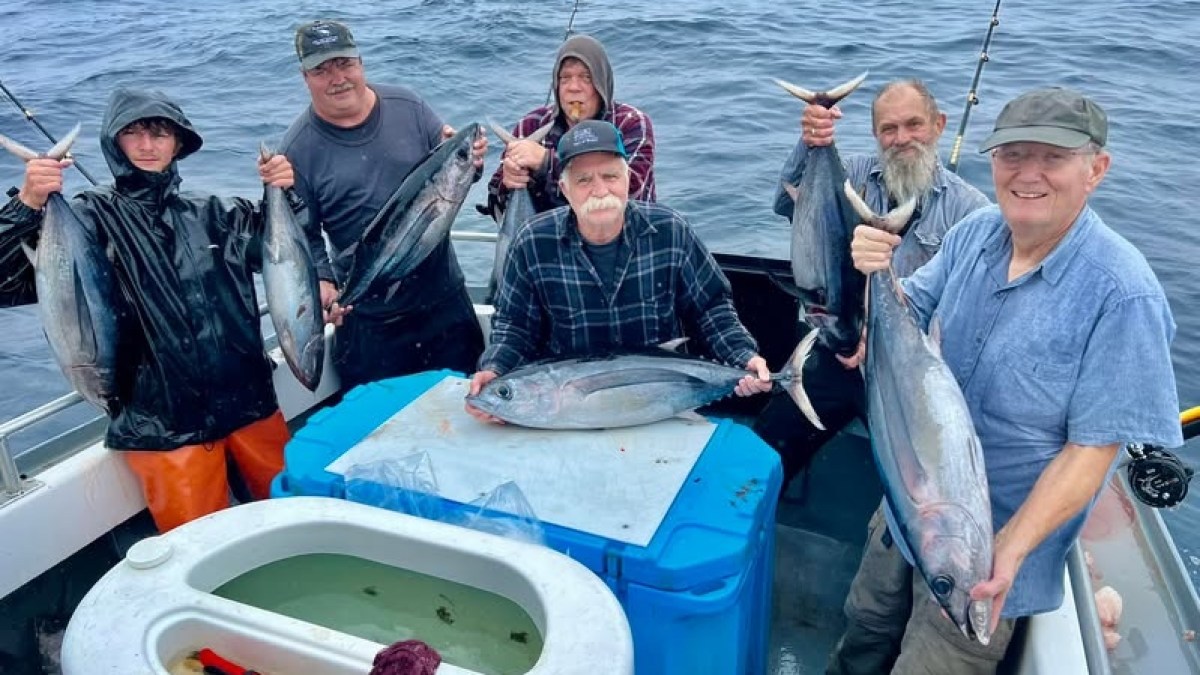 Six people on a boat holding freshly caught fish, smiling at the camera.