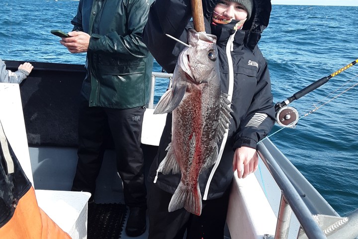 Child on boat holding a large fish, adult nearby using phone, ocean in background.