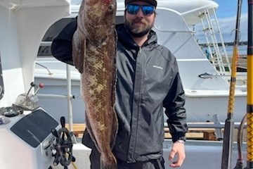 Person on a boat holding a large fish vertically, with fishing rods nearby.